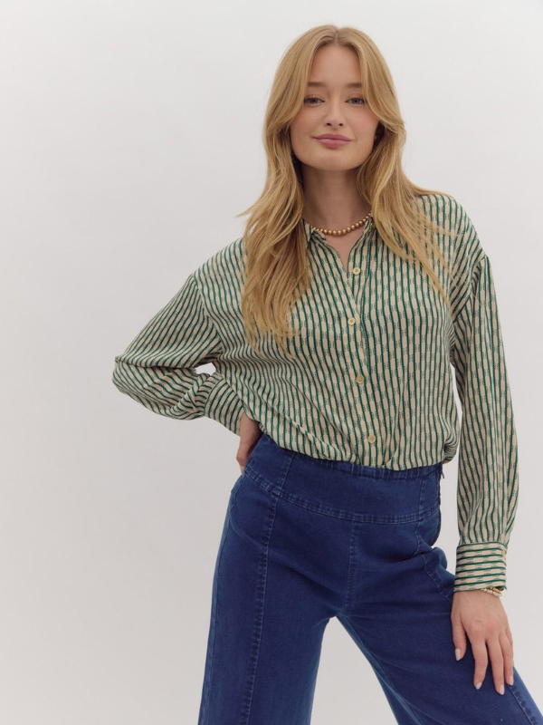 Pine Stripe Print Button Down Top