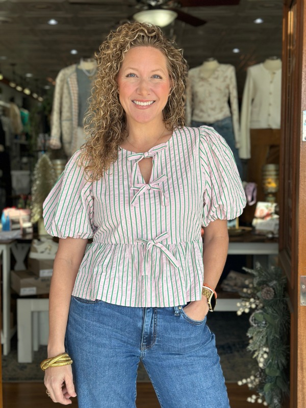 Pink & Green Stripe Peplum Bow Top