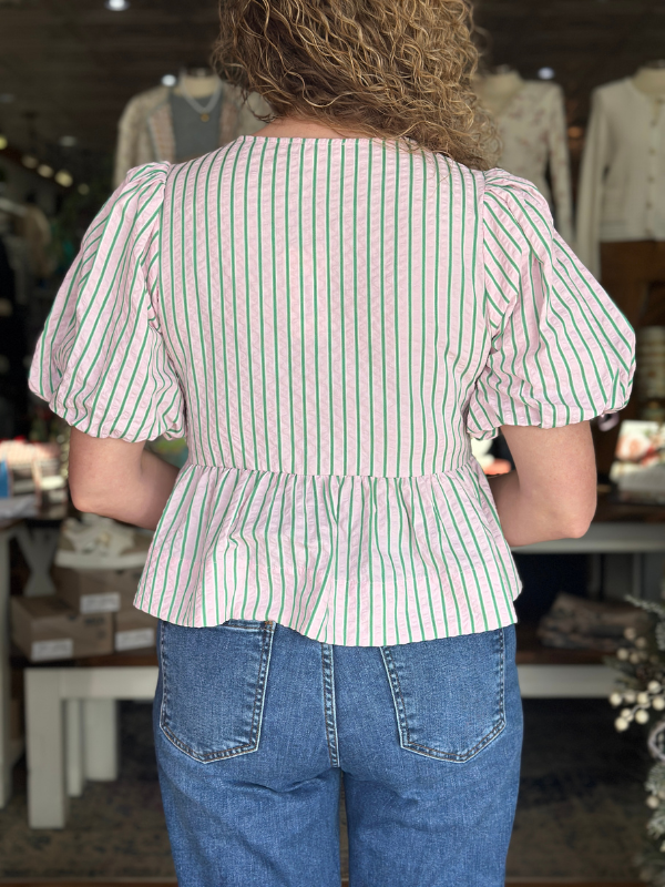 Pink & Green Stripe Peplum Bow Top