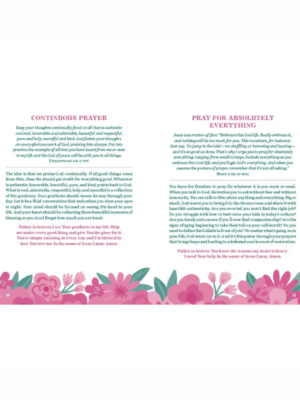 Prayer text with floral design at the bottom on a pink background