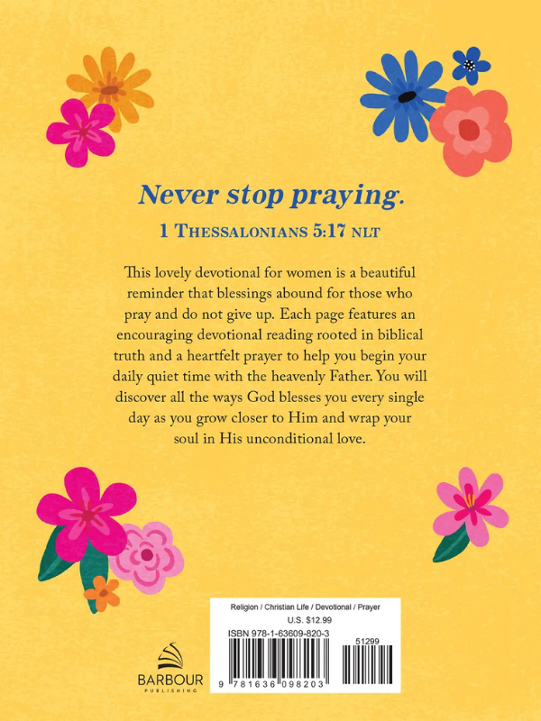 Back cover of a book with colorful flowers and prayer text on a yellow background