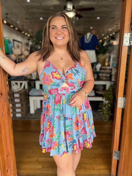 Sky Blue Floral Twist Front Sundress