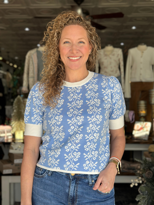 Soft Blue Floral Sweater Top