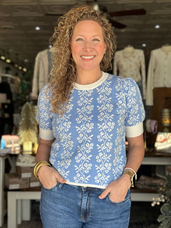 Soft Blue Floral Sweater Top