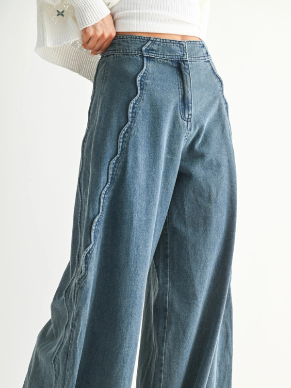 Blue jeans worn by a person on a white background