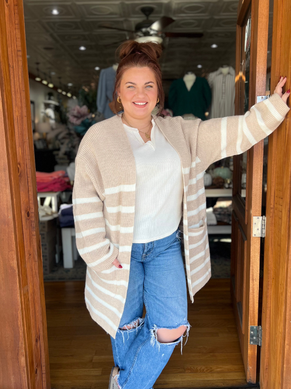 Taupe & Ivory Stripe Knitted Cardigan