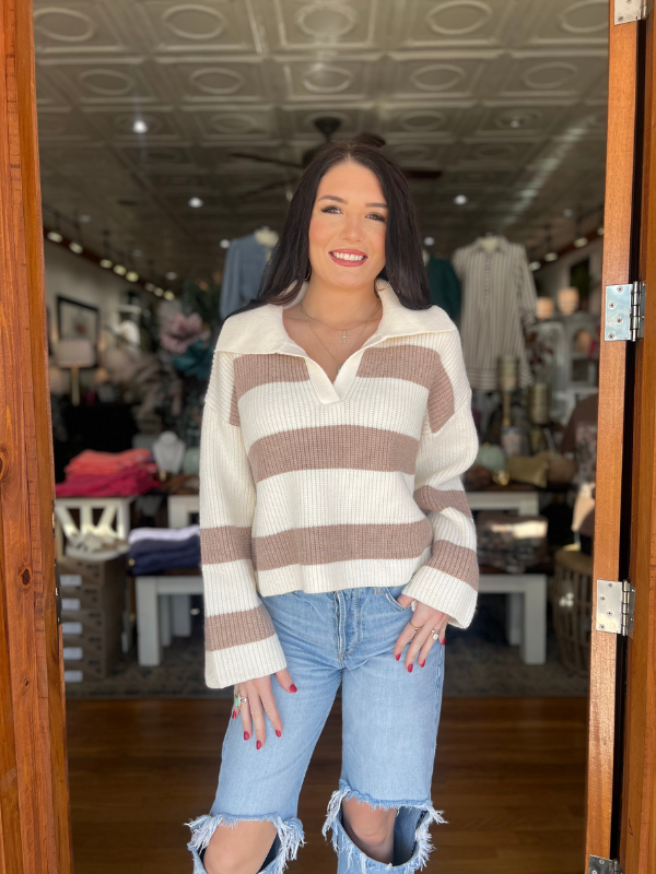 Taupe & Ivory Wide Stripe Knit Sweater