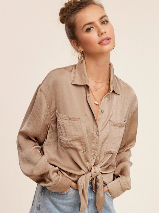 Taupe Satin Button Down