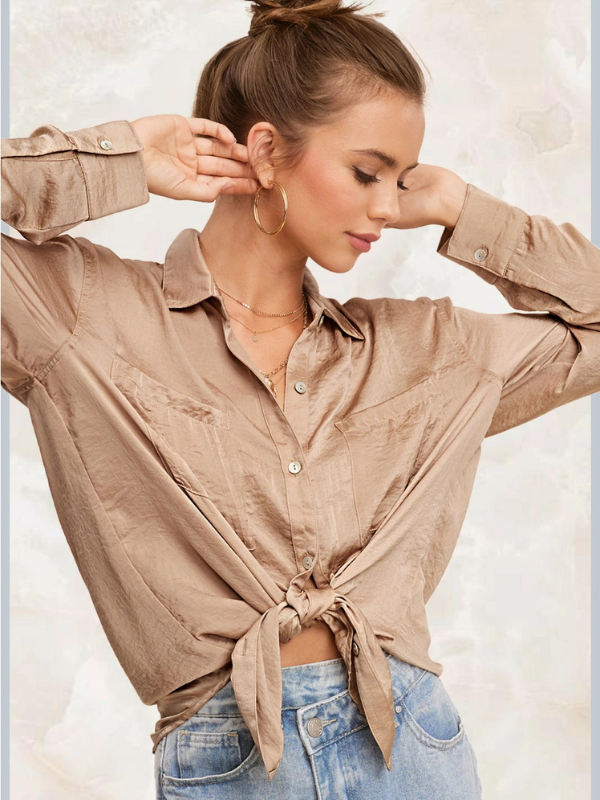 Taupe Satin Button Down