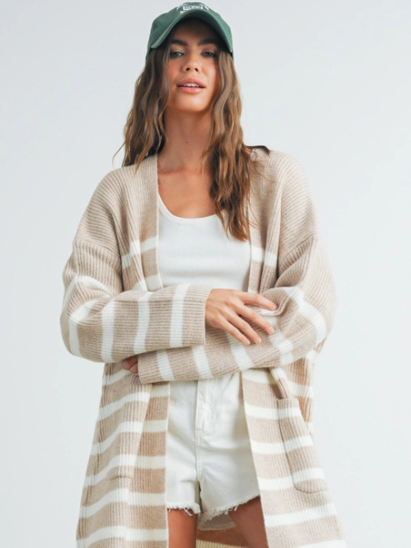 Taupe & Ivory Stripe Knitted Cardigan - Themasonboutique