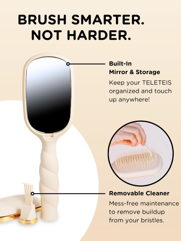 Hairbrush with mirror and storage feature on a beige background
