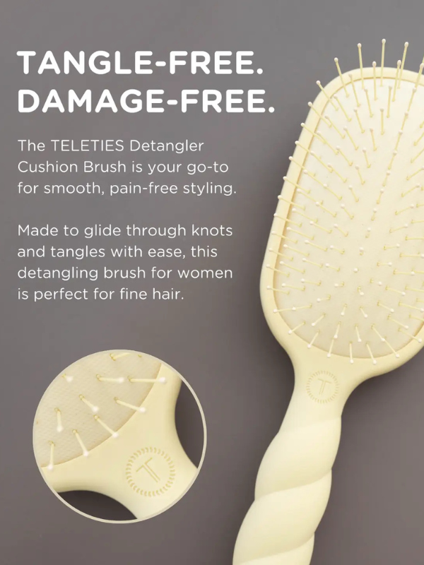 Teleties Detangler Cushion Brush with text on a gray background