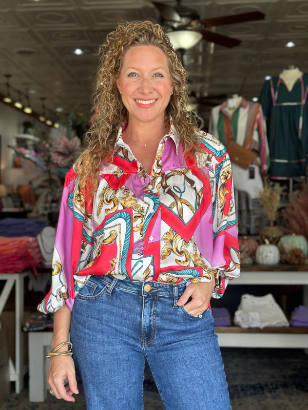 Chain Print Button Down Blouse