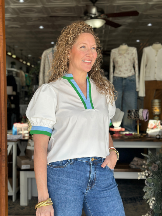 White + Blue & Green Contrast Collar Top