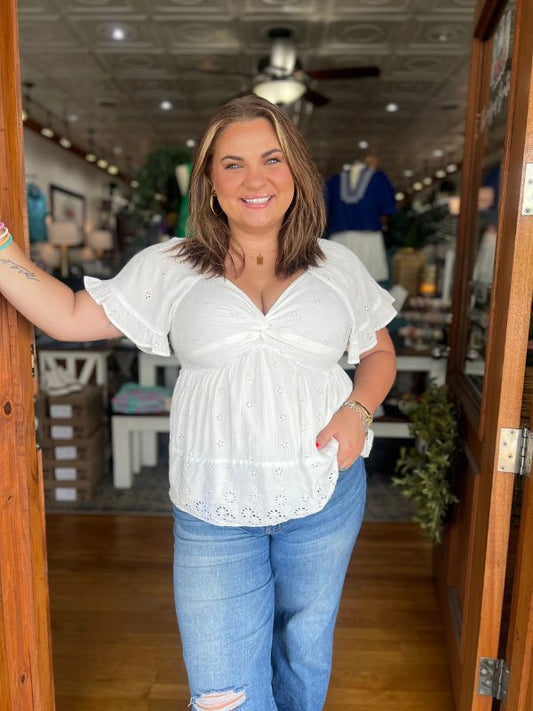 White Eyelet Twist Front Top