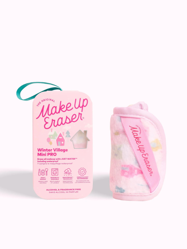 Makeup Eraser with winter village design packaging on a white background