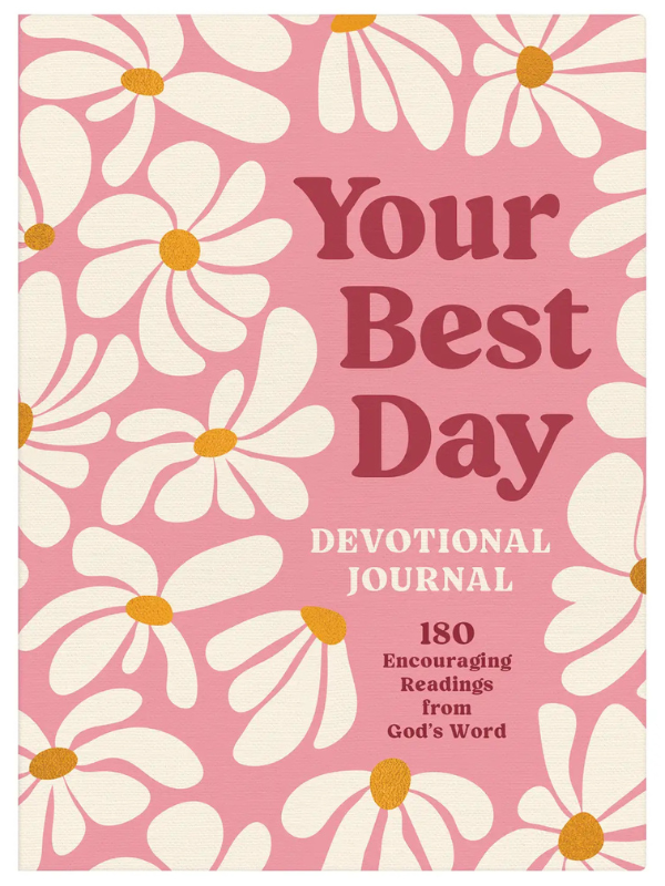 Pink devotional journal cover with white daisies and text