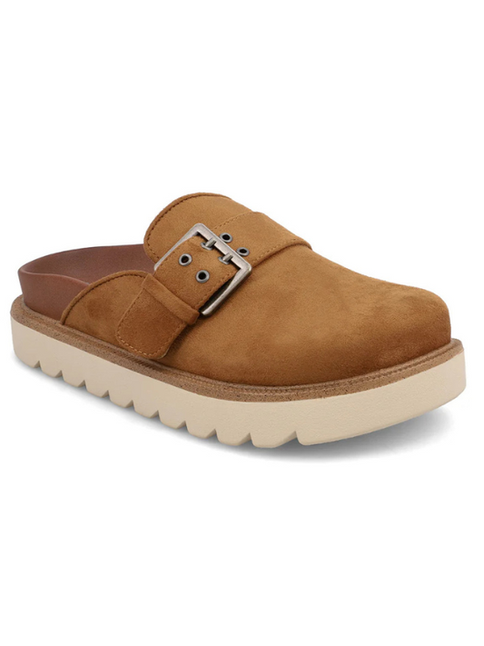Brown suede clog shoe with a buckle on a white background