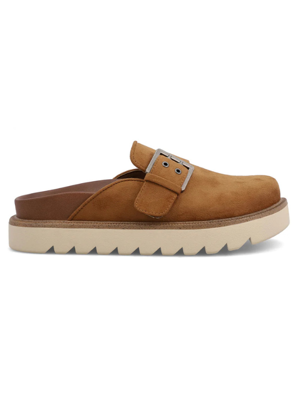 Brown suede sandal with a strap on a white background
