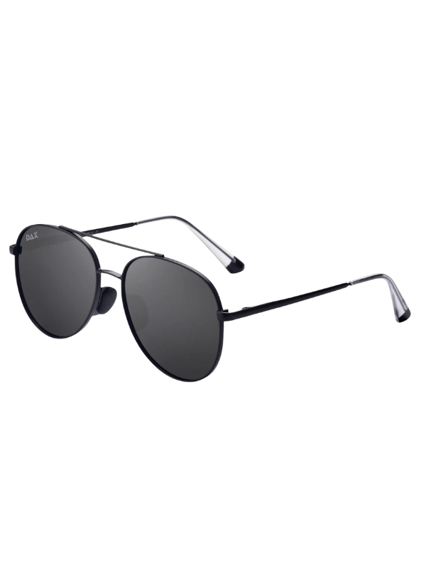 Sunglasses with black lenses and thin metal frame on a white background