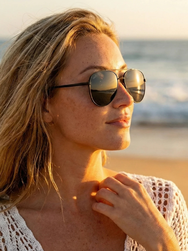 Woman wearing sunglasses on a beach with ocean in the background