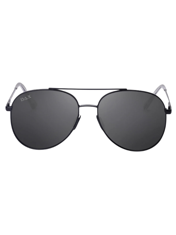 Black aviator sunglasses with silver frames on a white background