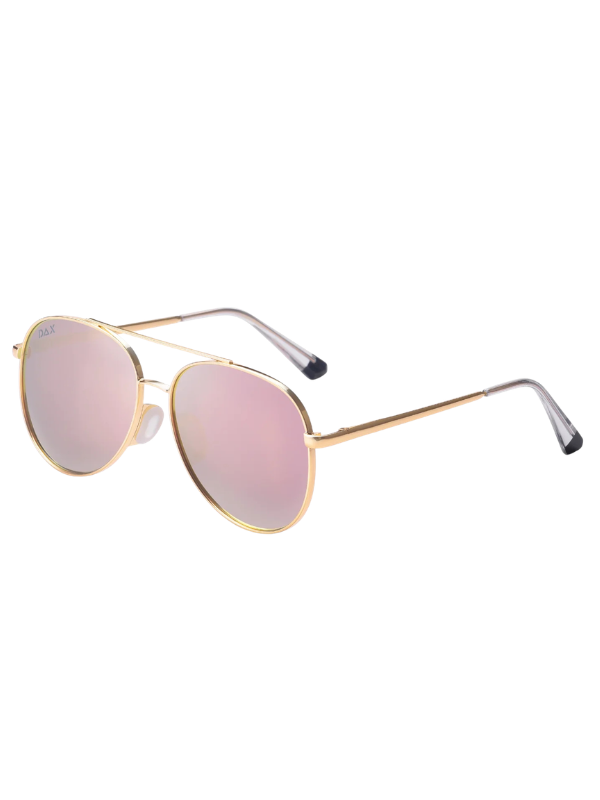 Gold-framed sunglasses with pink lenses on a white background