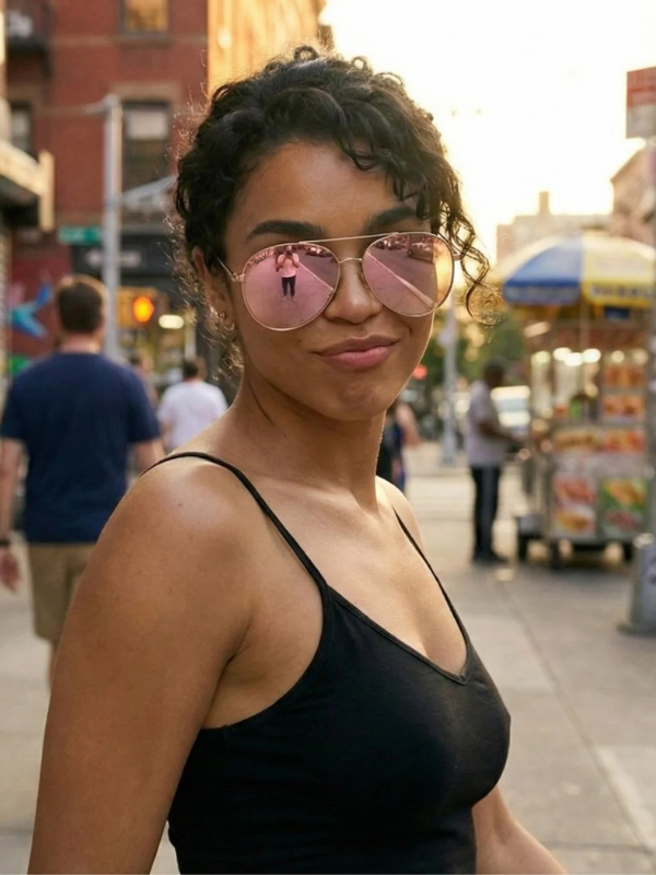 Woman wearing pink sunglasses with a city street background