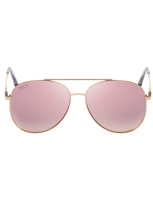 gold framed sunglasses with pink lenses on a white background