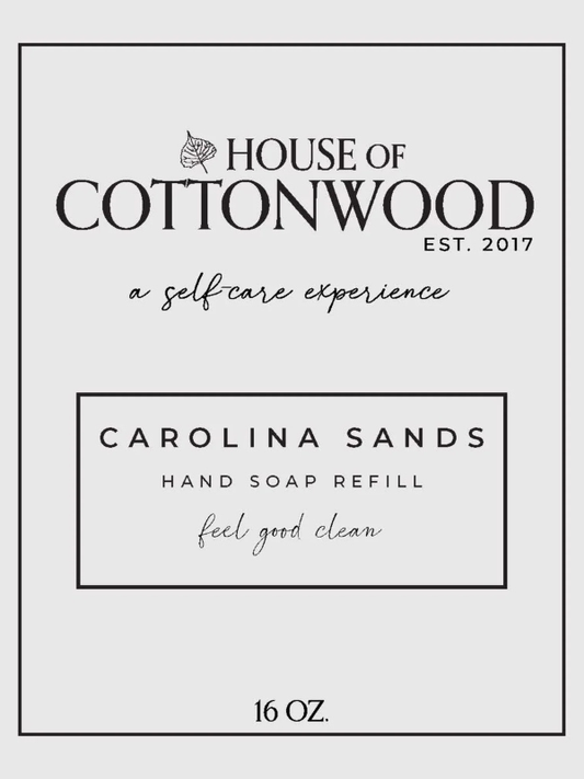 House of Cottonwood hand soap refill packaging with branding and product details.