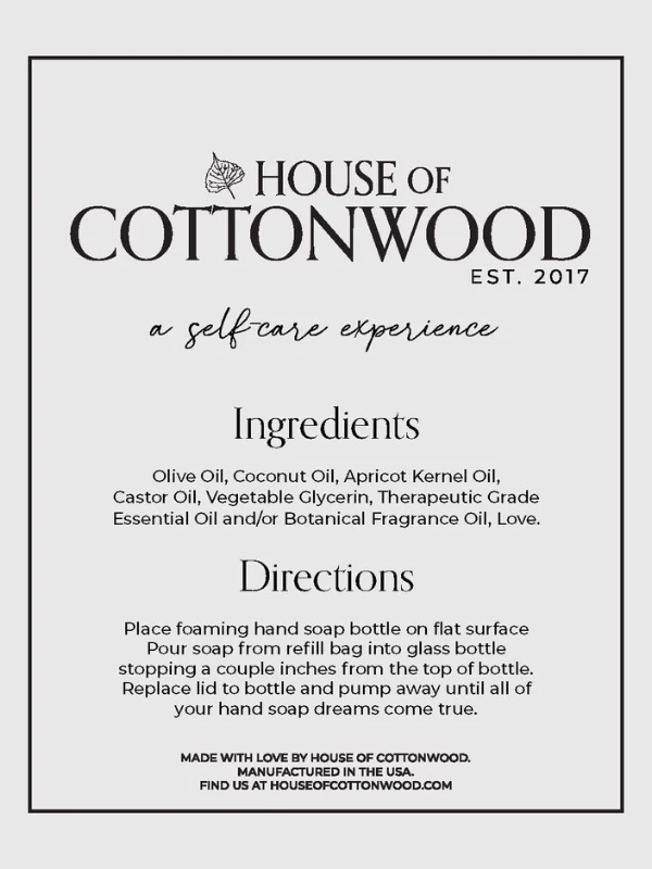 House of Cottonwood product label with ingredients and directions.