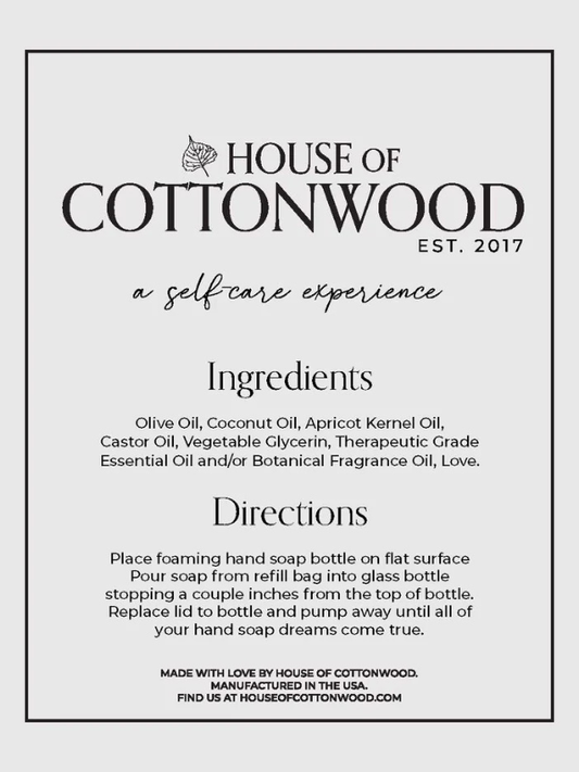 House of Cottonwood product label with ingredients and directions.