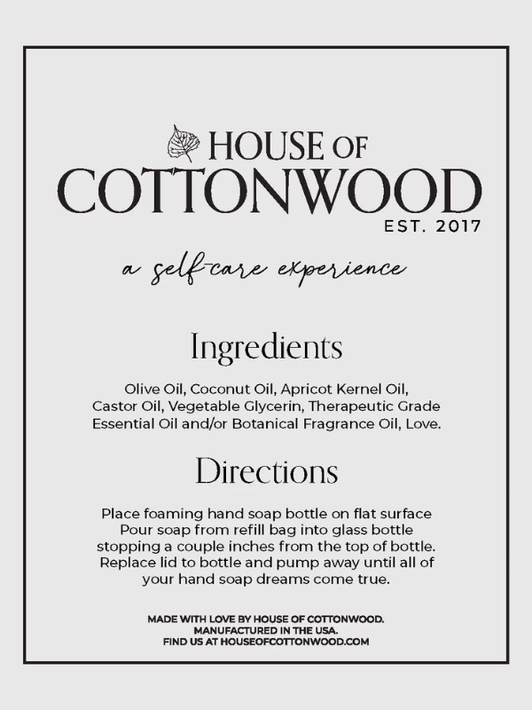 House of Cottonwood product label with ingredients and directions.
