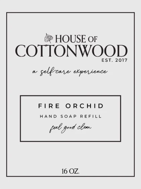House of Cottonwood hand soap refill packaging with 'Fire Orchid' scent on a white background.