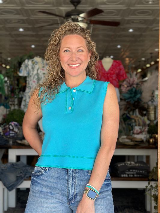 Aqua Knit Sleeveless Collared Top
