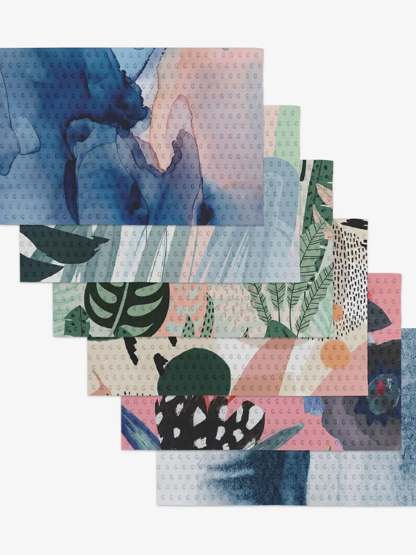 Collection of colorful fabric swatches with various patterns on a white background