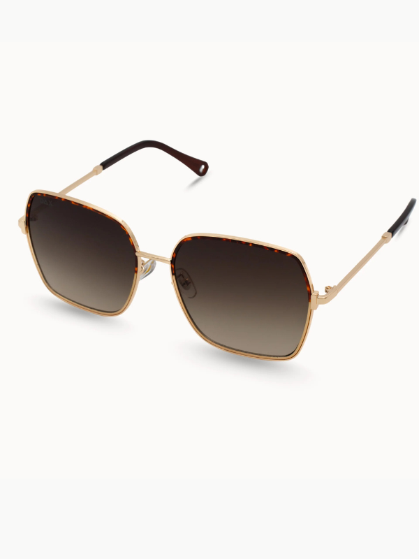 Gold-framed sunglasses with gradient lenses on a white background