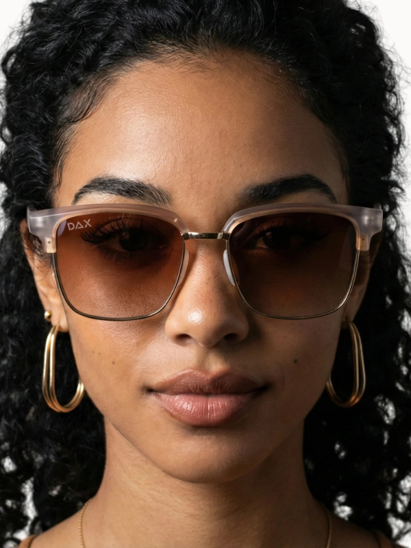 Close-up of a person wearing sunglasses with 'DAX' branding.