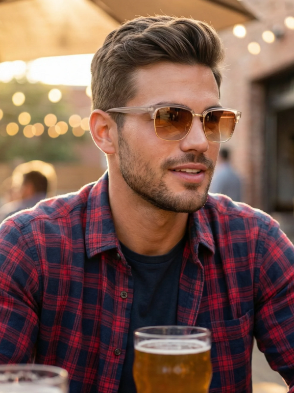 Man wearing sunglasses and a plaid shirt with a beer in a casual setting