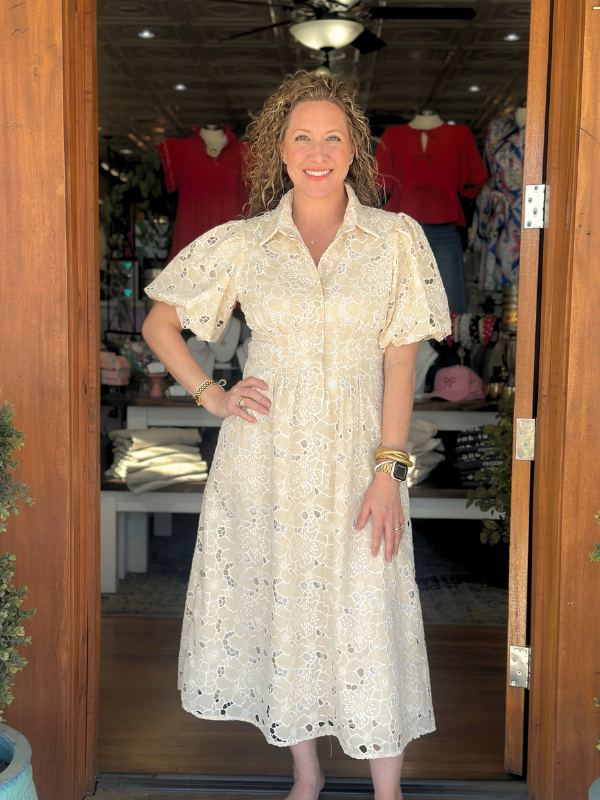 Beige Lace Pleated Dress