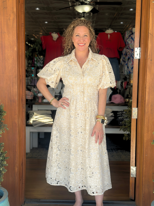 Beige Lace Pleated Dress