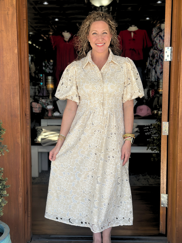 Beige Lace Pleated Dress