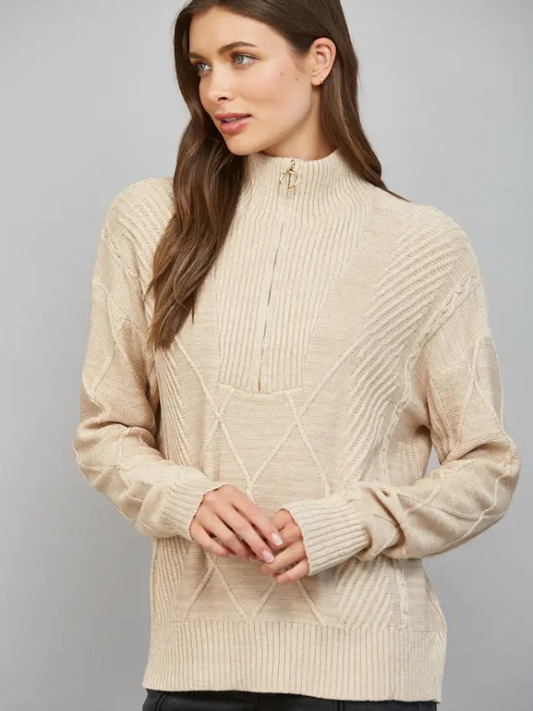 woman wearing a Beige Zip Collar Cable Knit Sweater