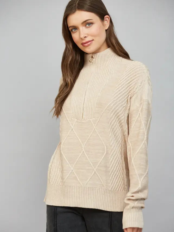 woman wearing a Beige Zip Collar Cable Knit Sweater