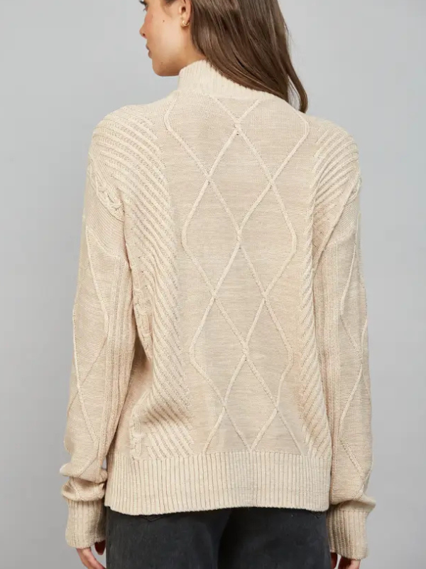 woman wearing a Beige Zip Collar Cable Knit Sweater