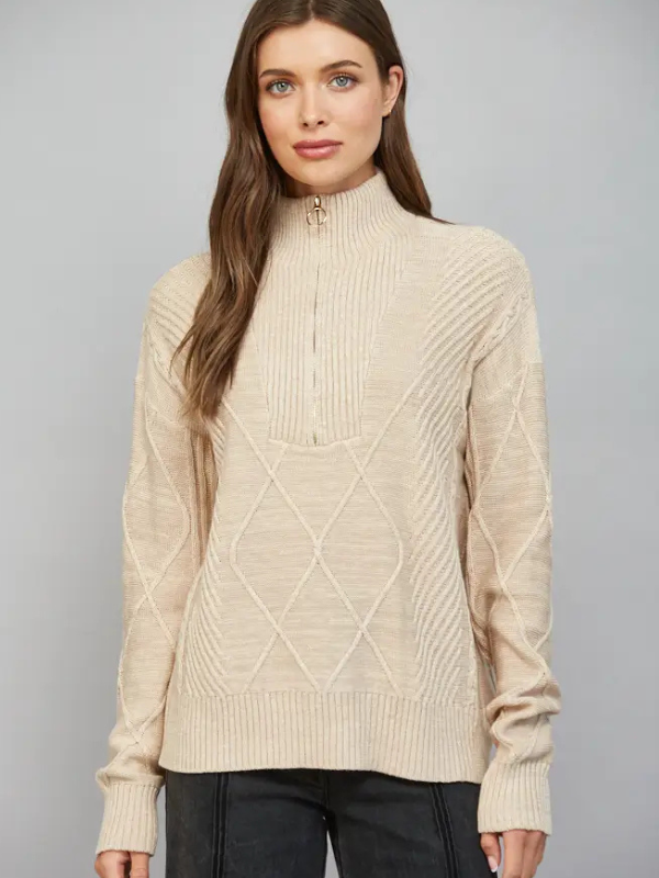woman wearing a Beige Zip Collar Cable Knit Sweater