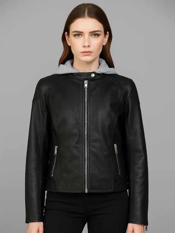 Black leather jacket with gray lining worn by a model on a gray background