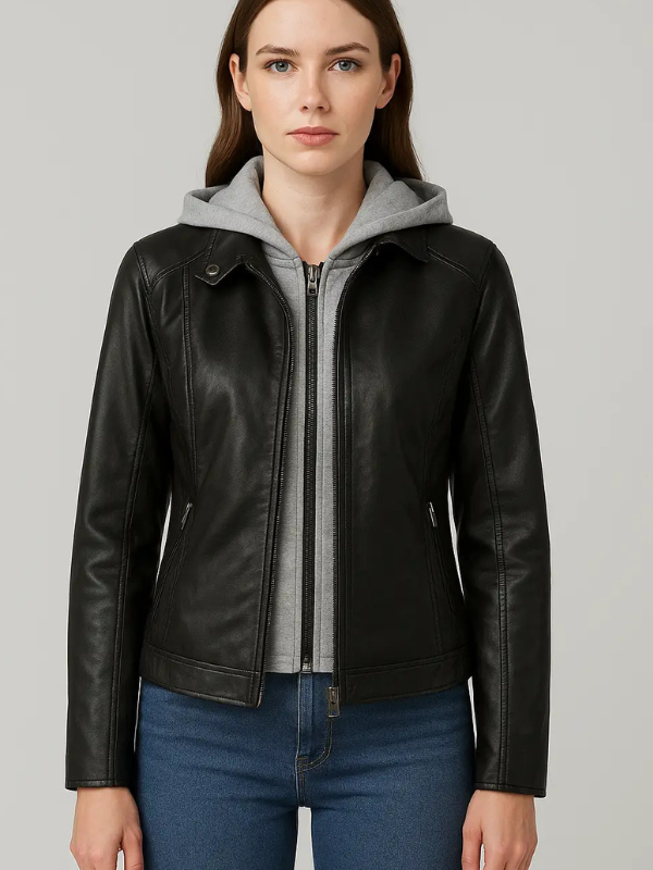 Woman wearing a black leather jacket with a gray hoodie on a plain background