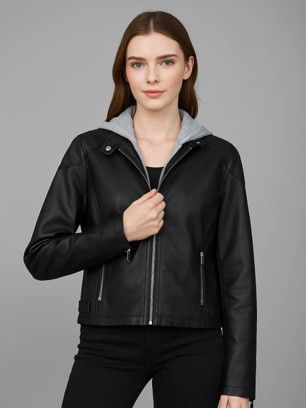 Woman wearing a black leather jacket with a gray hood against a gray background