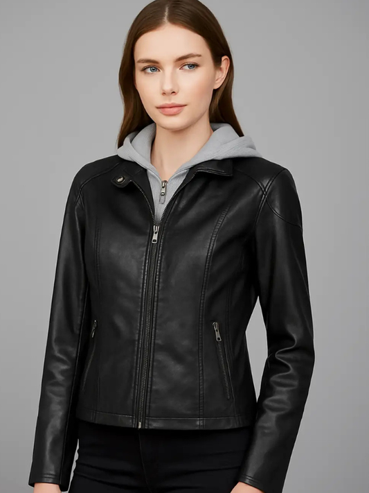 Woman wearing a black leather jacket on a gray background